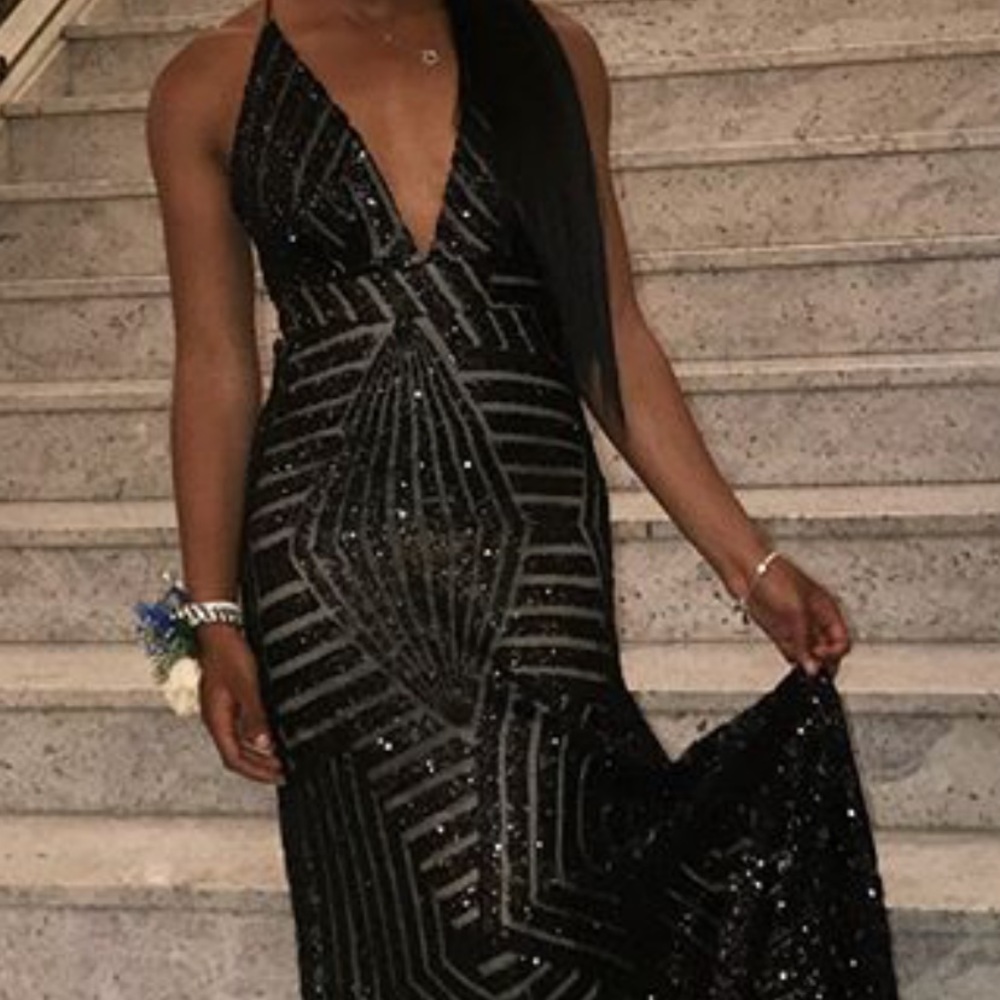 Black sequin trim prom dress